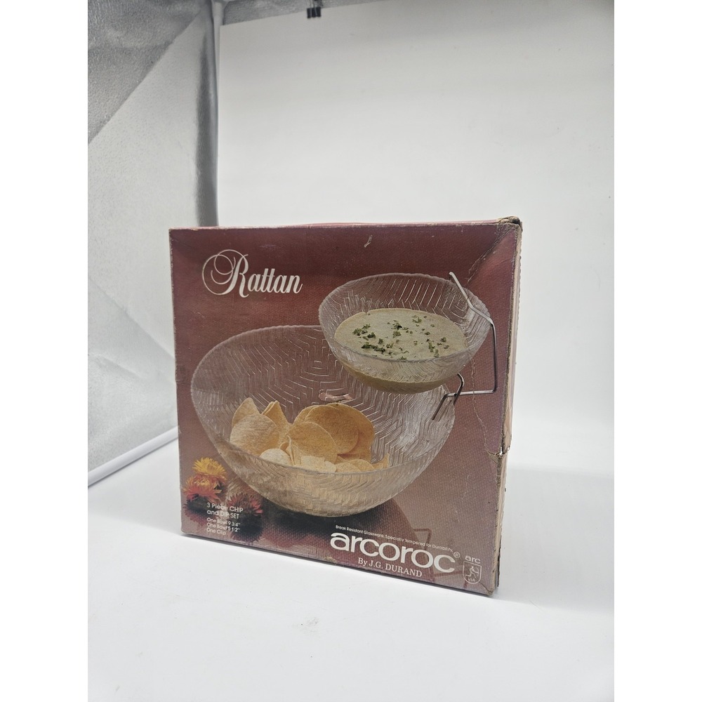 Vintage Arcoroc Rattan 3 Piece glass Chip & Dip Bowl Set In Original‎ Box